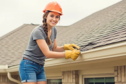 A homeowner examining a residential roof after a Texas storm