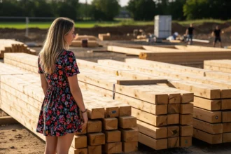 Pre-cut timber frame kit beams stacked at a build site