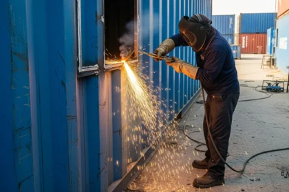Workers cutting steel wall of shipping container for window installation