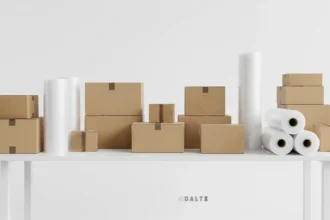 cardboard boxes and bubble wrap at a tidy packing station