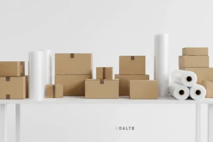 cardboard boxes and bubble wrap at a tidy packing station