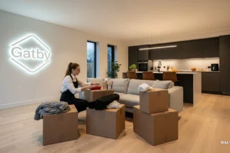 Moving boxes with active light fixtures in background