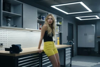 a women in modern garage interior with storage units, a workbench, and overhead lighting