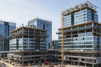 New commercial buildings under construction in a suburban area