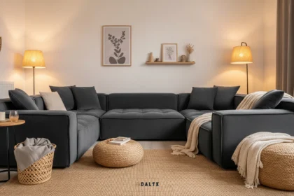 Multifunctional living room with modular furniture and smart lighting