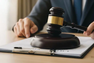 Gavel resting on legal documents related to a land development lawsuit