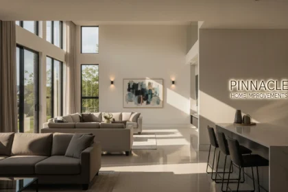 Room filled with sunlight from large windows