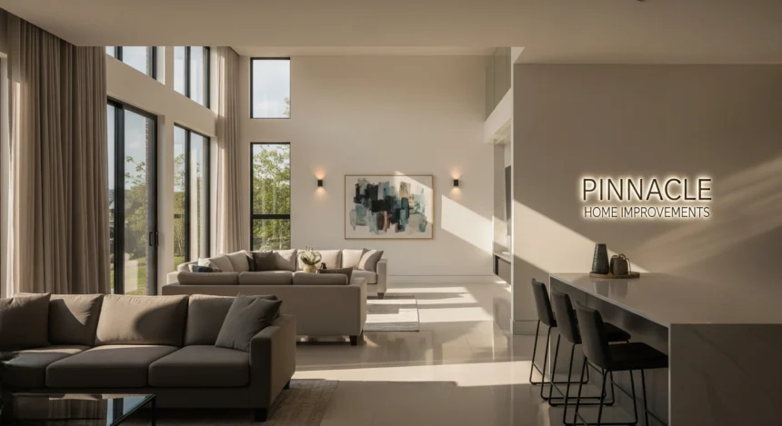Room filled with sunlight from large windows