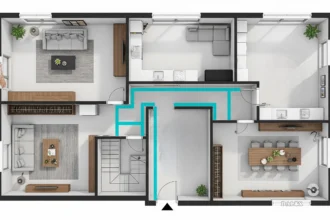 Interior room plan with highlighted walking paths showing natural flow