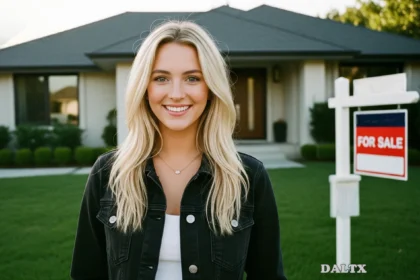 Smiling woman in front of a house for sale