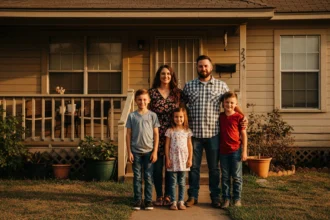 Texas family in front of aging rental housing