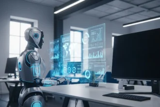 AI robot analyzing business data for market research insights