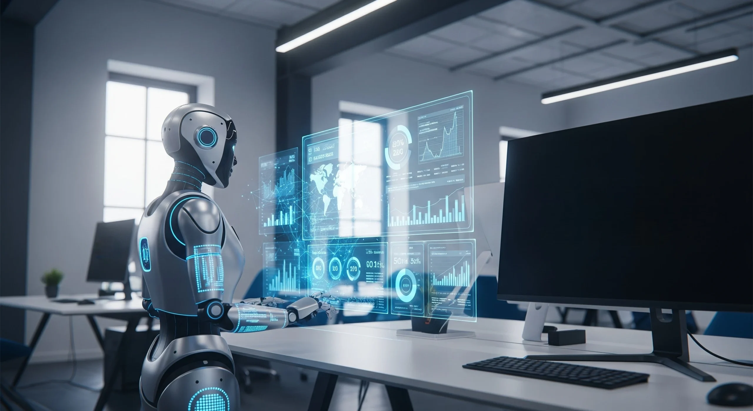 AI robot analyzing business data for market research insights