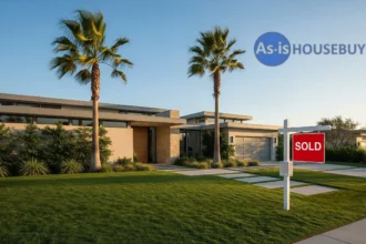 Palm-lined Southern California home with a sold sign in front yard