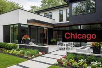 Modern Chicago home with fresh paint, green lawn, and outdoor patio