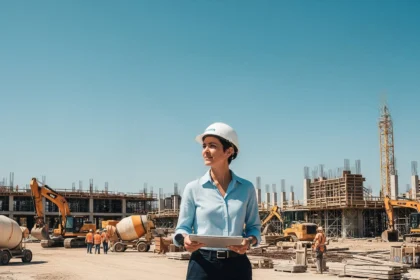General contractor overseeing a busy construction site with heavy machinery and workers