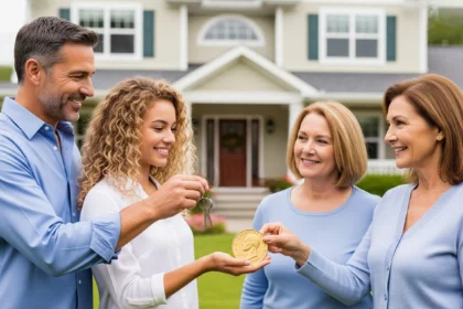Family transferring house keys and a gold coin to the next generation