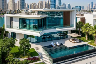 Luxury Dubai waterfront villa with glass façade and marina view