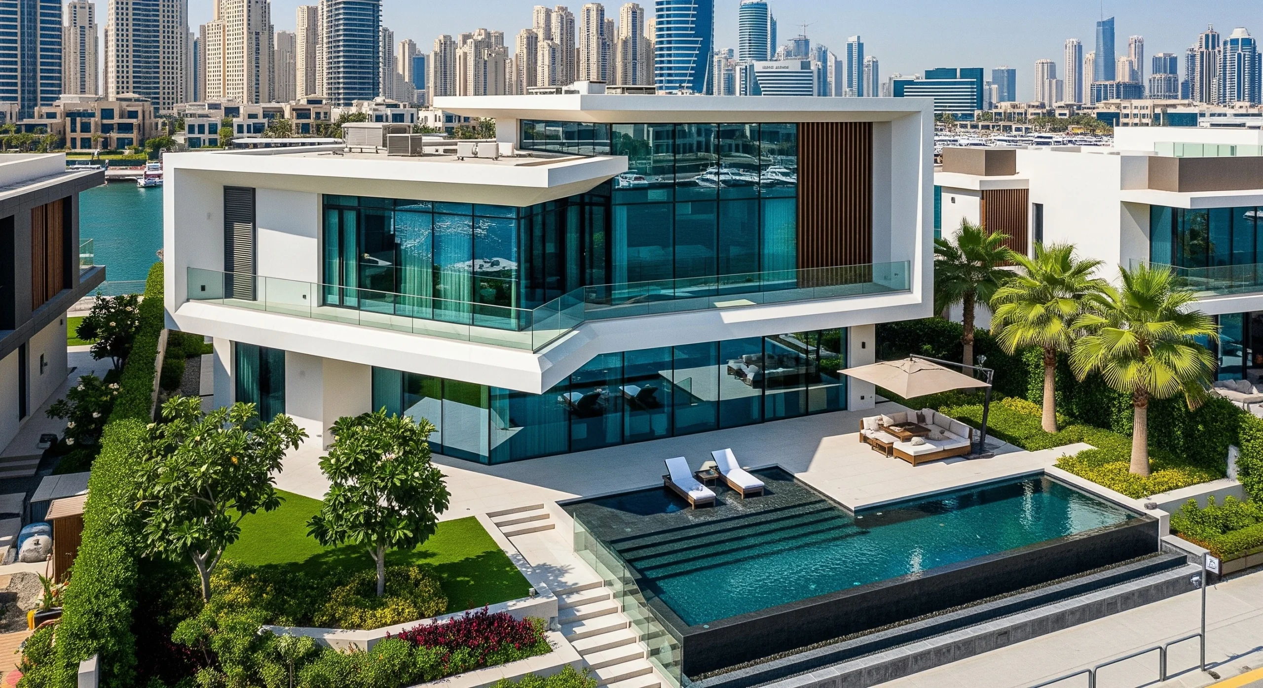Luxury Dubai waterfront villa with glass façade and marina view