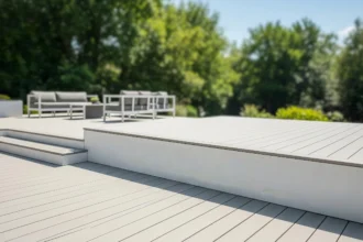 Modern composite deck overlooking a landscaped yard