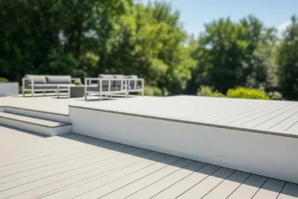 Modern composite deck overlooking a landscaped yard