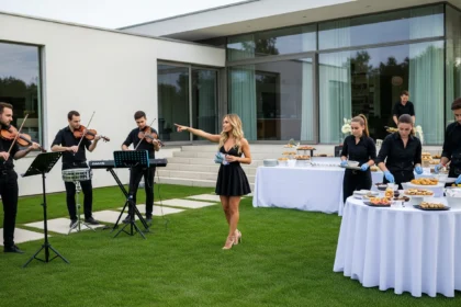 Real estate agent planning an event with musicians and caterers