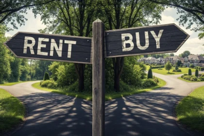 Road sign pointing to rent or buy decision