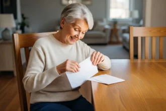 Senior woman opening an envelope and smiling at an unexpected financial windfall