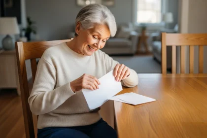 Senior woman opening an envelope and smiling at an unexpected financial windfall