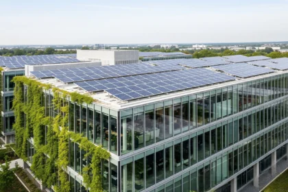 Green-certified building with solar panels and eco-friendly design