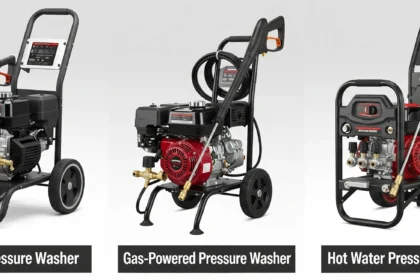Three types of pressure washers on display