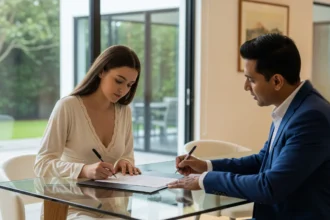 Homebuyers reviewing loan documents with a mortgage broker