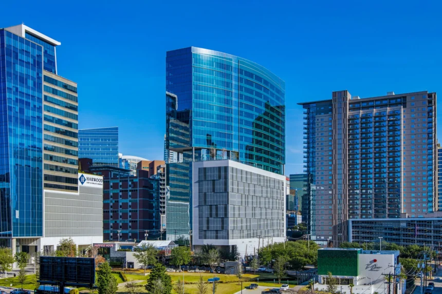 The Link at Uptown skyscraper among other modern buildings in Dallas.