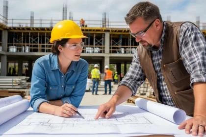 Architect and contractor reviewing plans