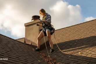 Roof safety harness during chimney work