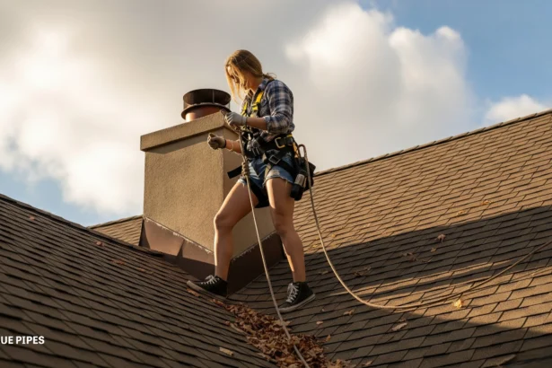 Roof safety harness during chimney work