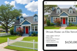 Front of home staged and on screen as listing