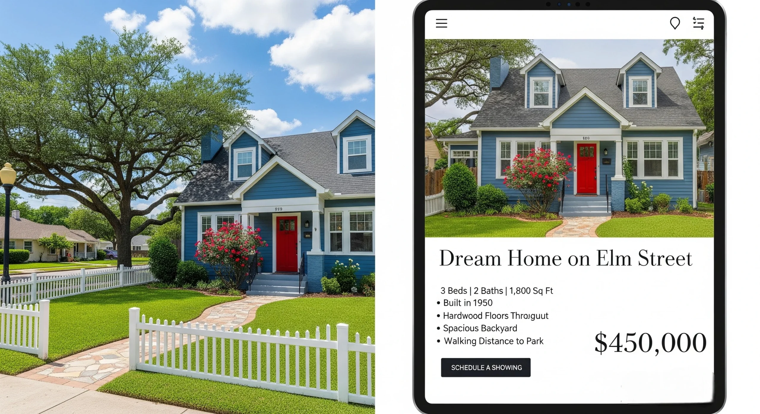 Front of home staged and on screen as listing