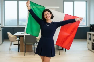 A girl in the modern office interior with Italian porcelain flooring and italian flag