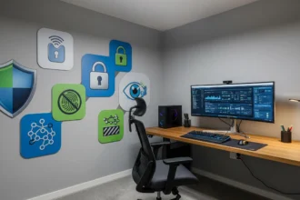Home office with privacy protection icons
