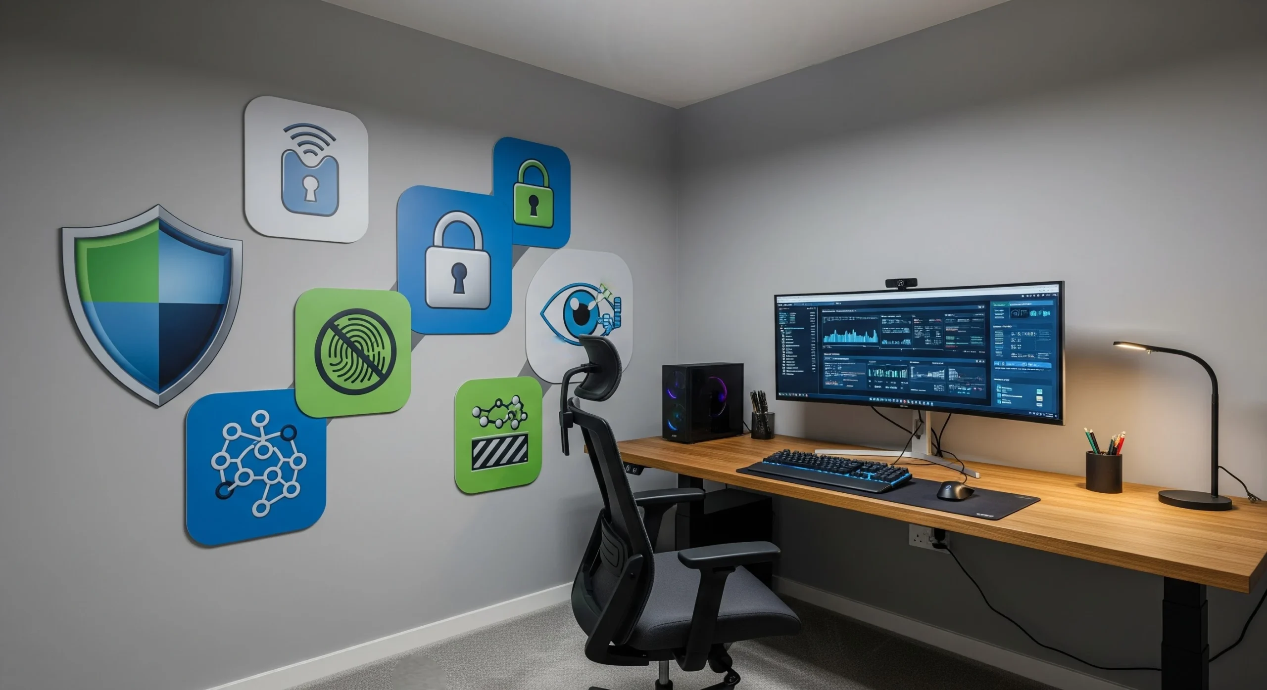 Home office with privacy protection icons
