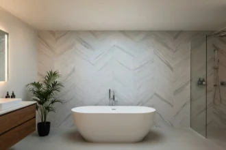 Modern bathroom with freestanding bathtub