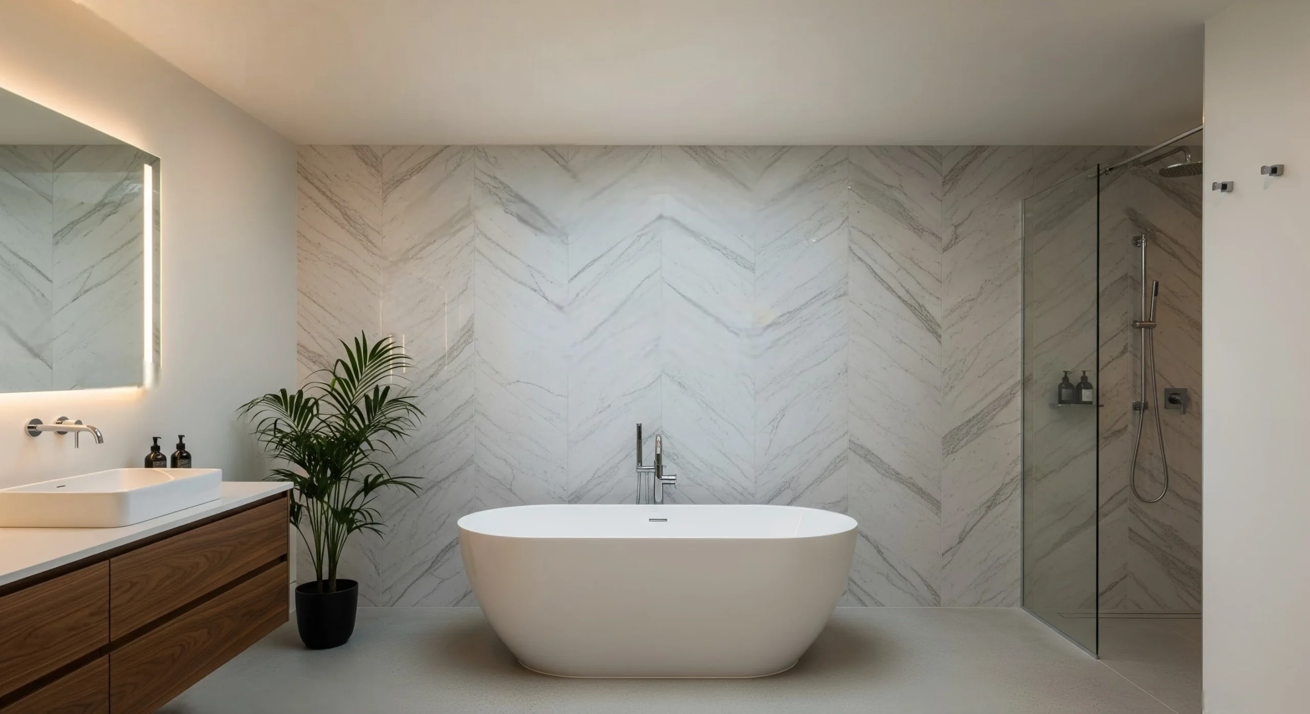 Modern bathroom with freestanding bathtub