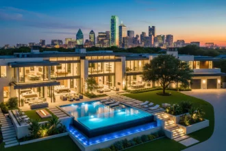 Aerial view of a high-end luxury estate in the Dallas skyline