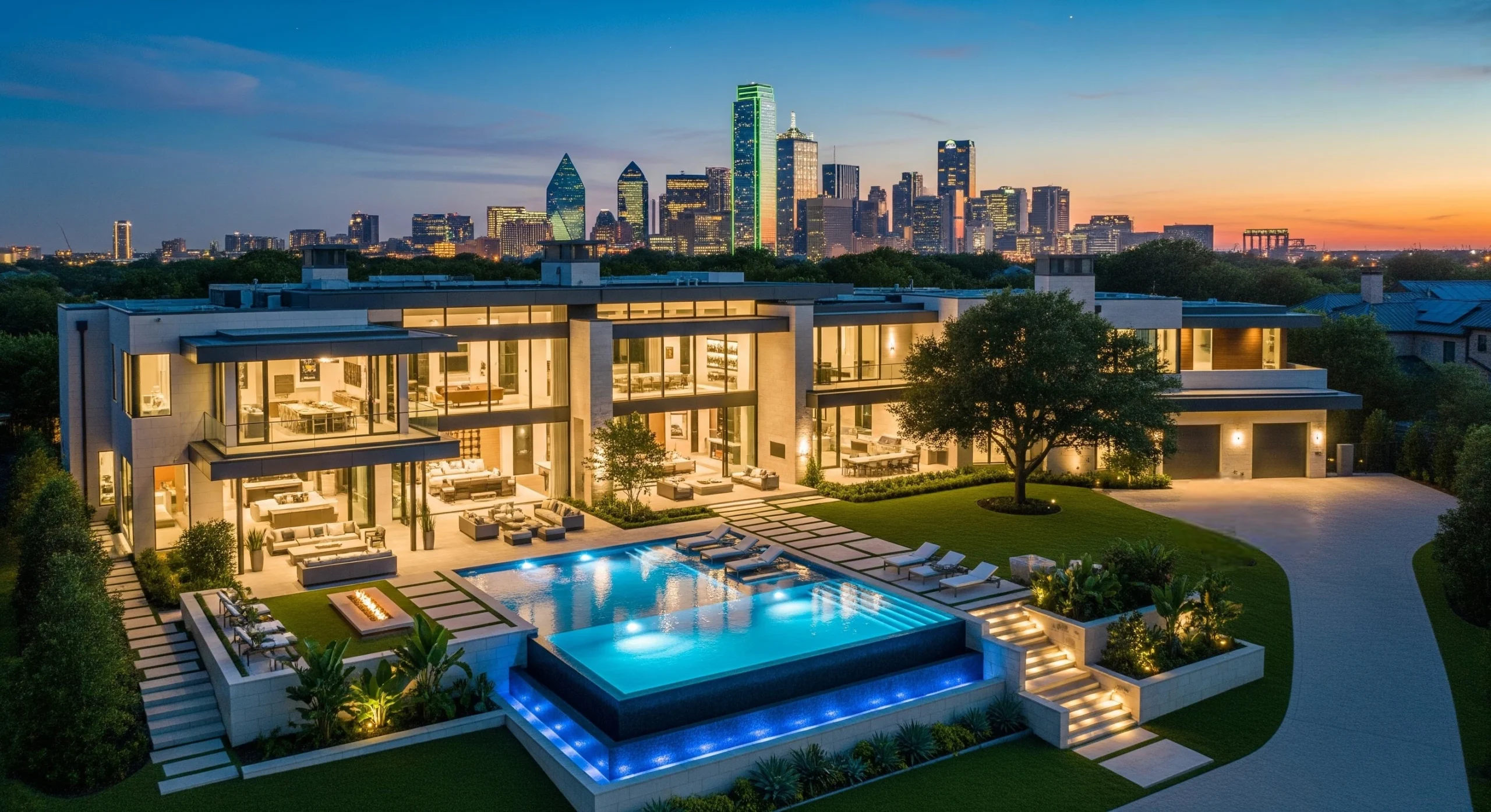 Aerial view of a high-end luxury estate in the Dallas skyline