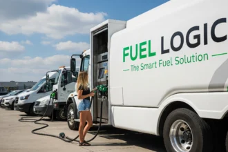 Mobile fuel truck refueling fleet vehicles at a job site