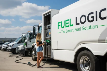 Mobile fuel truck refueling fleet vehicles at a job site