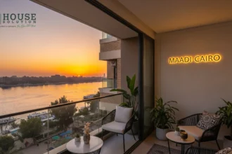 Cairo apartment balcony at sunset with Nile River view