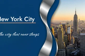 A skyline of New York City and NYC the city never sleeps text