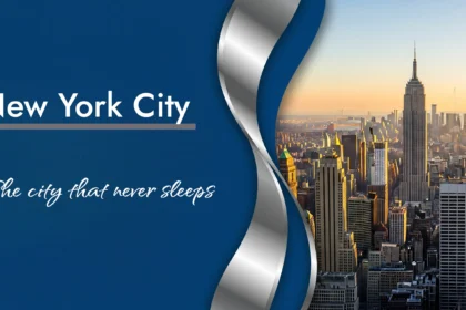 A skyline of New York City and NYC the city never sleeps text
